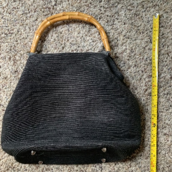 Vintage Black Woven Bag with Bamboo Handles - Picture 3 of 12